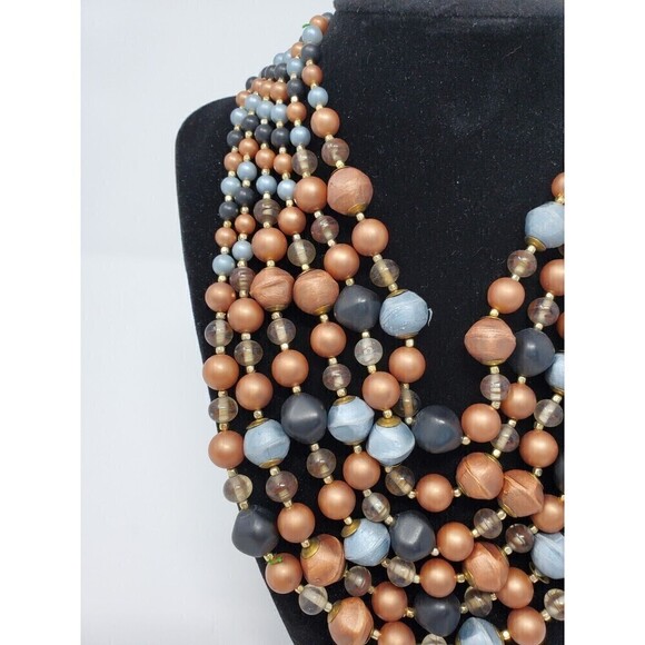 VINTAGE JAPAN SIX STRAND BEADED NECKLACE COPPER BRONZE BROWN BLUE HOOK CLOSURE - Picture 2 of 12